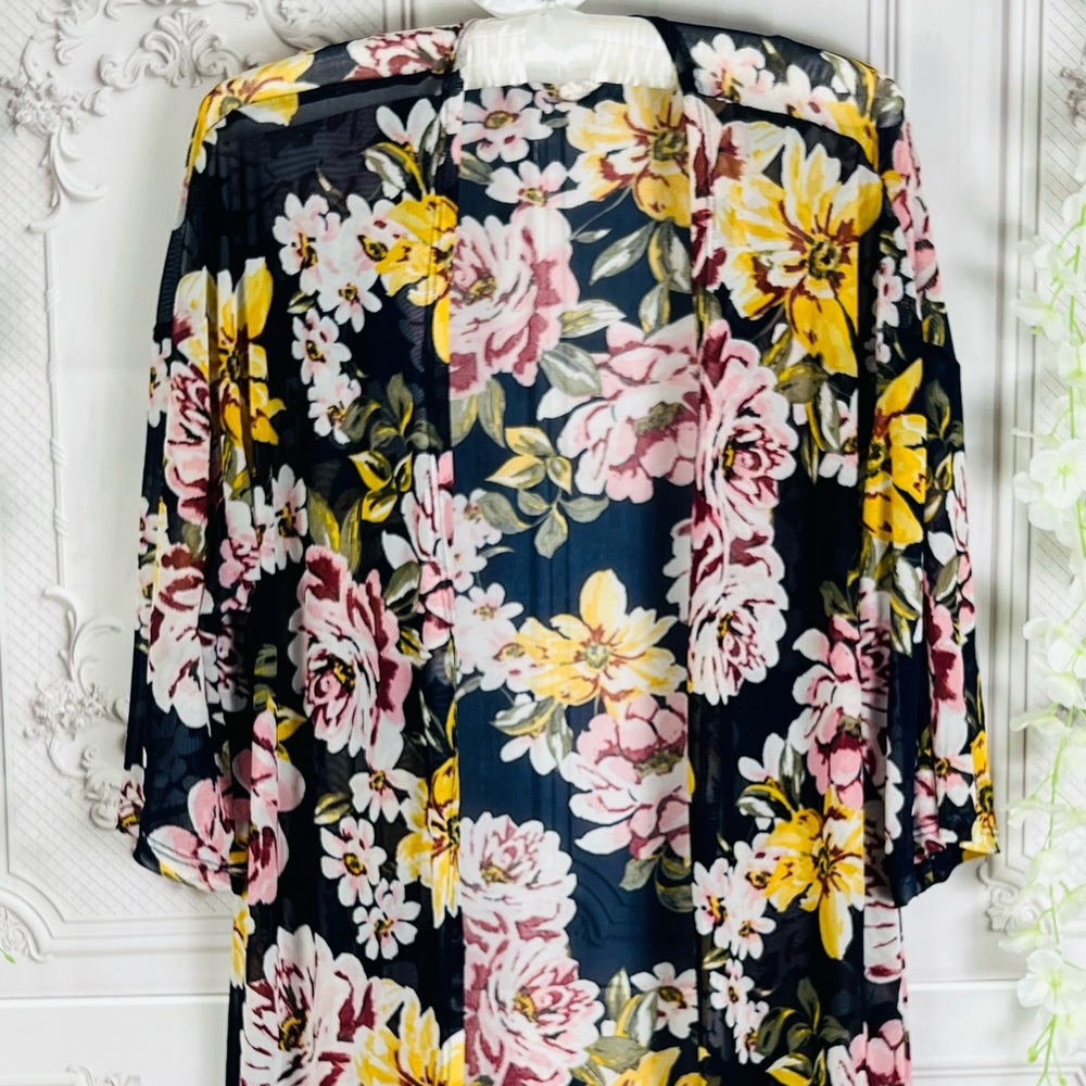 Ultra Flirt Blue Floral Print semi sheer Duster Kimono/cardigan beach coverup